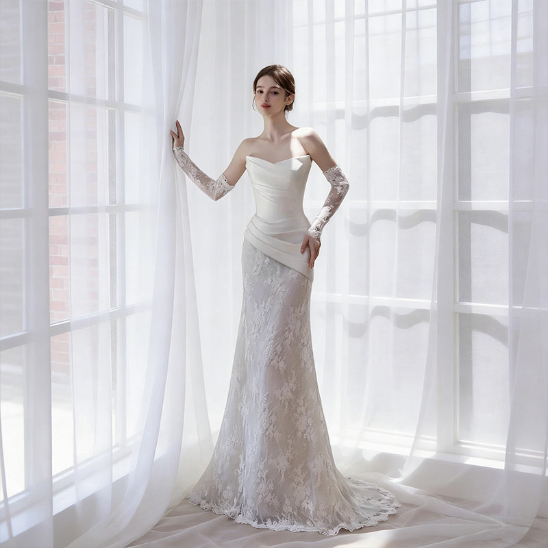 BHstyle Modernes Ball-Gown Meerjungfrau Satin Spitze Handschuhe Retro Edel Anlassmode Hochzeit Weiß 32-44