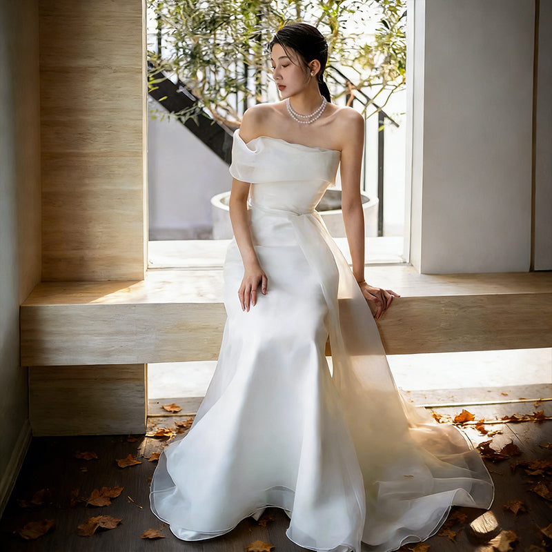 BHstyle Minimalistisch Ball-Gown Meerjungfrau Organza Drapierung Edel Modern Anlassmode Weiß Creme 32-44