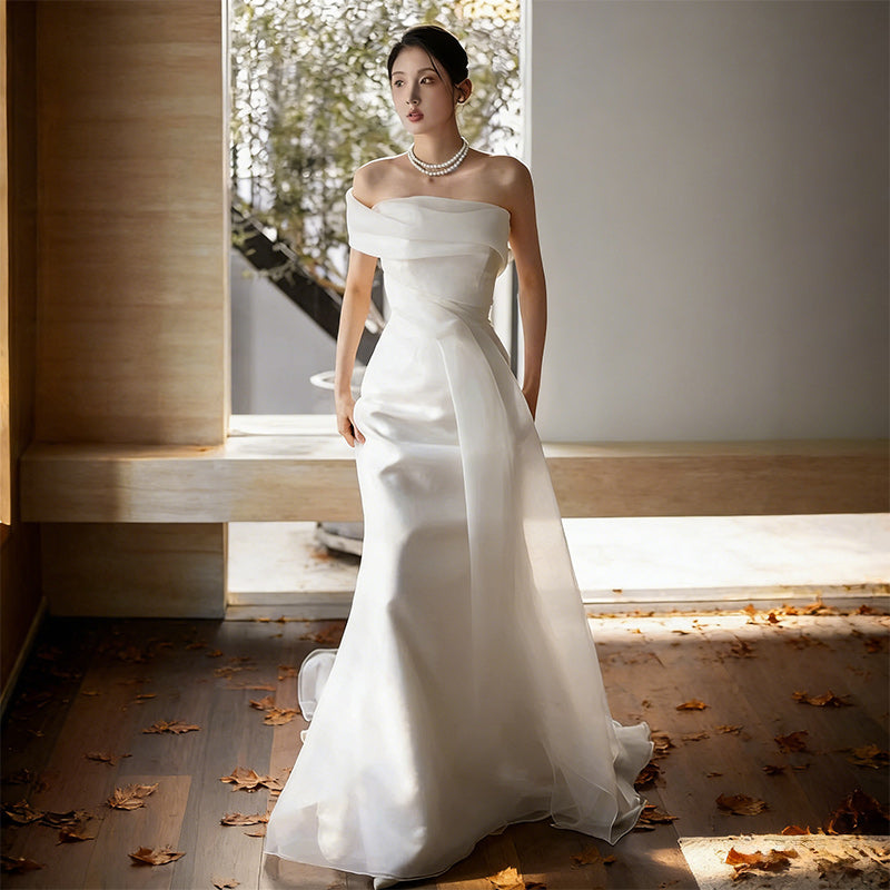 BHstyle Minimalistisch Ball-Gown Meerjungfrau Organza Drapierung Edel Modern Anlassmode Weiß Creme 32-44