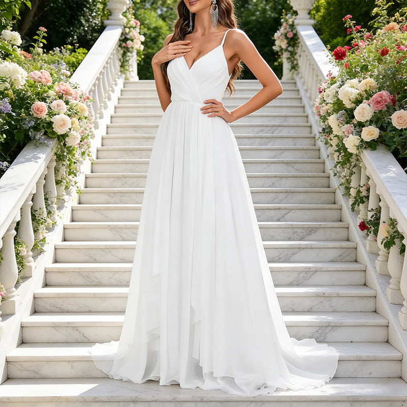 BHstyle A-Linie Ball-Gown in Weiß mit V-Ausschnitt Ballkleid aus Chiffon mit kaskadierendem Stufenrock 2-26W