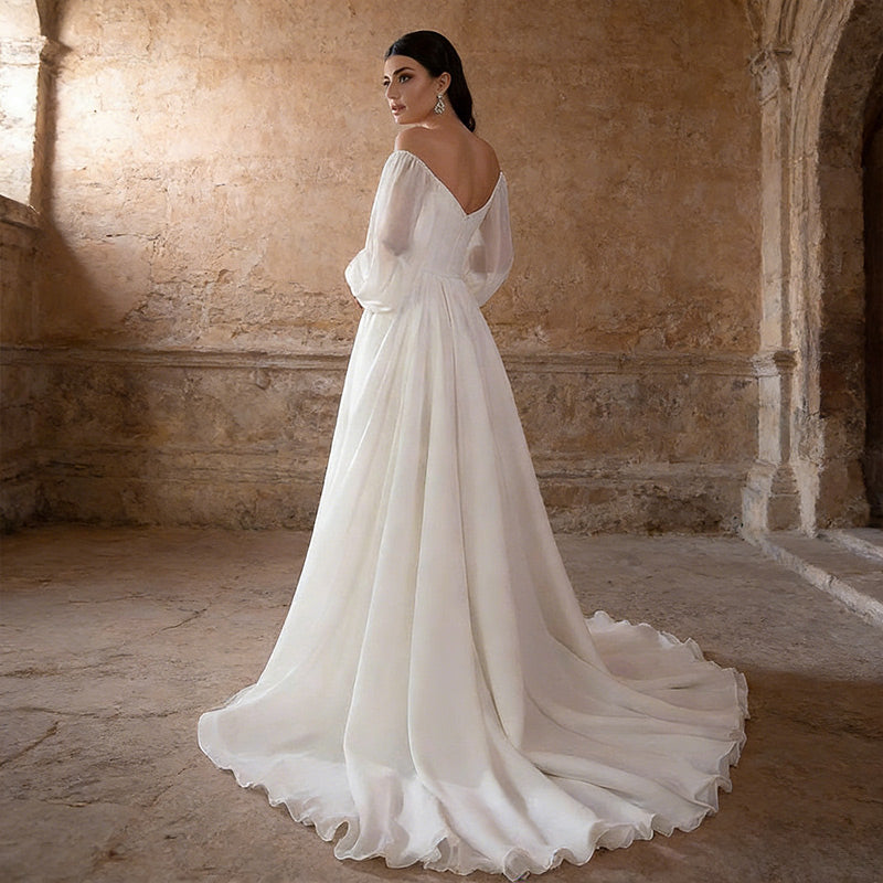 BHstyle A-Linie Ball-Gown Weiß – Schulterfreies Ballkleid mit Laternenärmeln und Chiffon-Rock 34-46