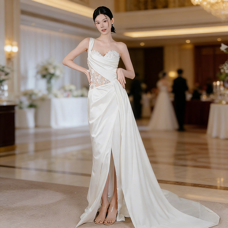 BHstyle Asymmetrisches Satin Ball-Gown mit One Shoulder Design und Transparentem Spitzen Korsett Beinschlitz XS-3XL