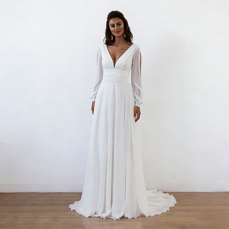 BHstyle Ball-Gown mit Bischofärmeln – A-Linien Ballkleid mit V-Ausschnitt für Wald Gartenhochzeiten 32-42