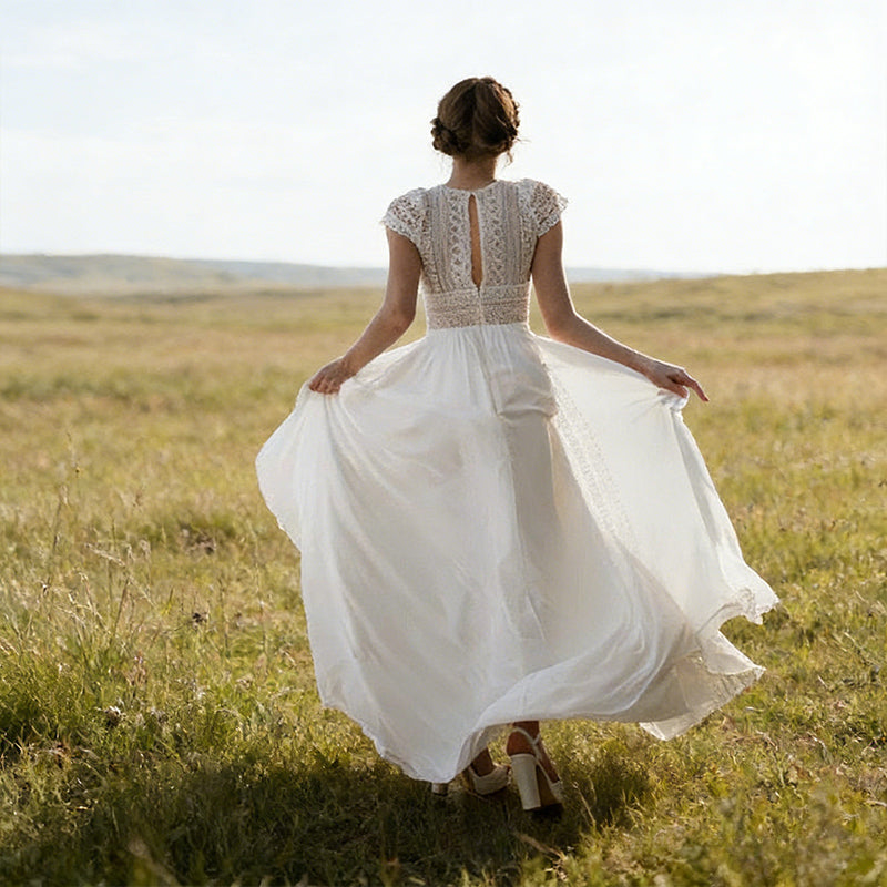 BHstyle Boho Ball-Gown mit Spitzenoberteil und Flügelärmeln Romantisches A-Linie Ballkleid 2-26W