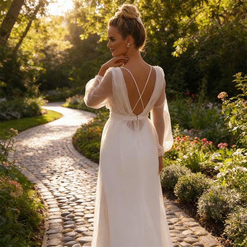 BHstyle Ball-Gown in A-Linie mit Illusions-Ausschnitt – Bodenlanges Ballkleid mit Tüllärmeln und Fall 32-42