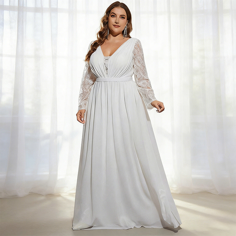 BHstyle Ball-Gown in Übergröße mit V-Ausschnitt und Spitzenärmeln – A-Linien Ballkleid mit Raffungen L-4XL