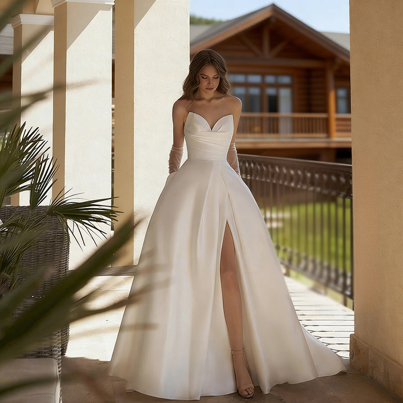 BHstyle Ball-Gowner Prinzessin aus Satin A Linie mit Beinschlitz Herz Ausschnitt Modernes Ballkleid Elfenbein 32-56