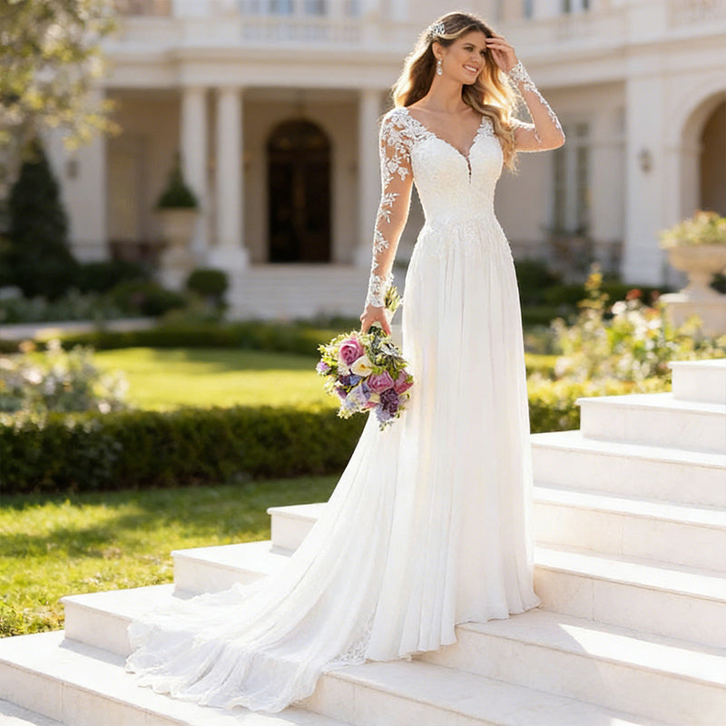 BHstyle Elegantes Ball-Gown aus Spitze A Linie mit V Ausschnitt Langarm Bodenlang Hochzeit 32-56