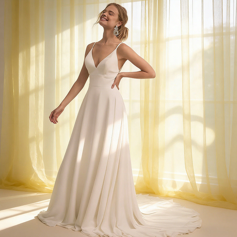 BHstyle Minimalistisches A-Linien Ball-Gown mit Spaghettiträgern – Satin-Ballkleid mit V-Ausschnitt Schleppe 2-26W