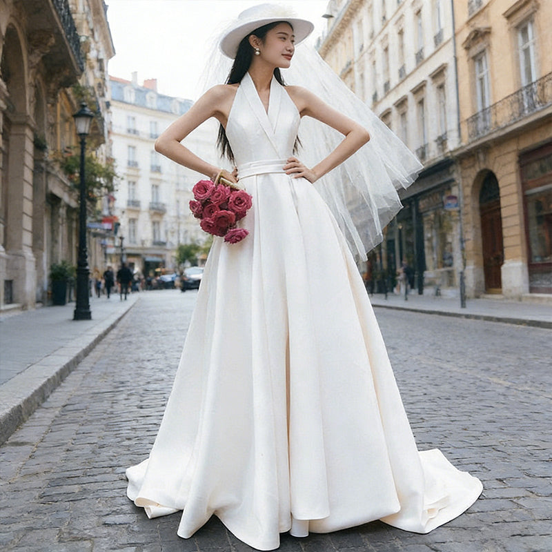BHstyle Modernes A-Linie Ball-Gown Größe mit Halterneck- Ballkleid aus edlem Satin im Vintage-Stil 32-44