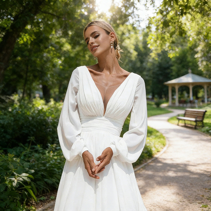 BHstyle Prachtvolles A-Linien Ball-Gown Laternenärmeln – Ballkleid mit tiefem V-Ausschnitt und Schleppe 2-26W