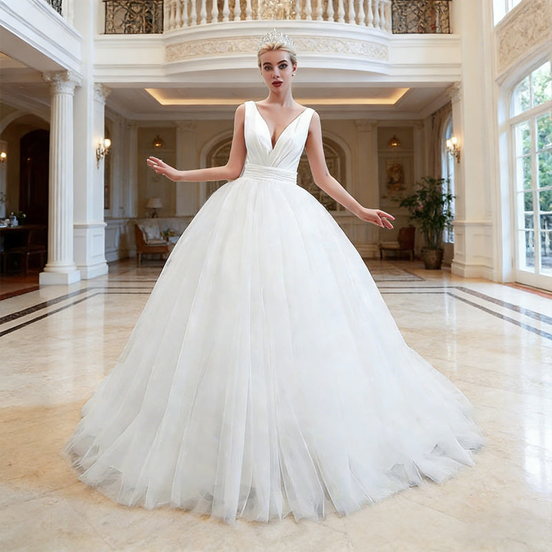 BHstyle Prachtvolles Ball-Gowner Prinzessin mit Tiefem V-Ausschnitt und Voluminösem Tüllrock Romantisches Ballkleid Elfenbein XS-3XL