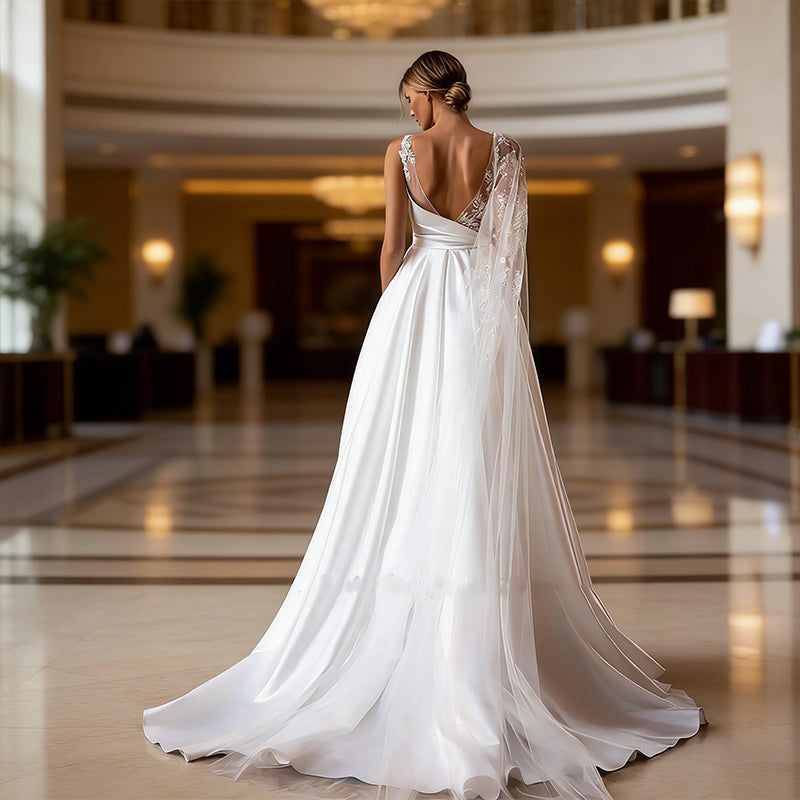 BHstyle Satin Ball-Gowner Prinzessin mit One Shoulder Spitze und Cape A Linie Ballkleid Edel Stickerei Elfenbein 34-44