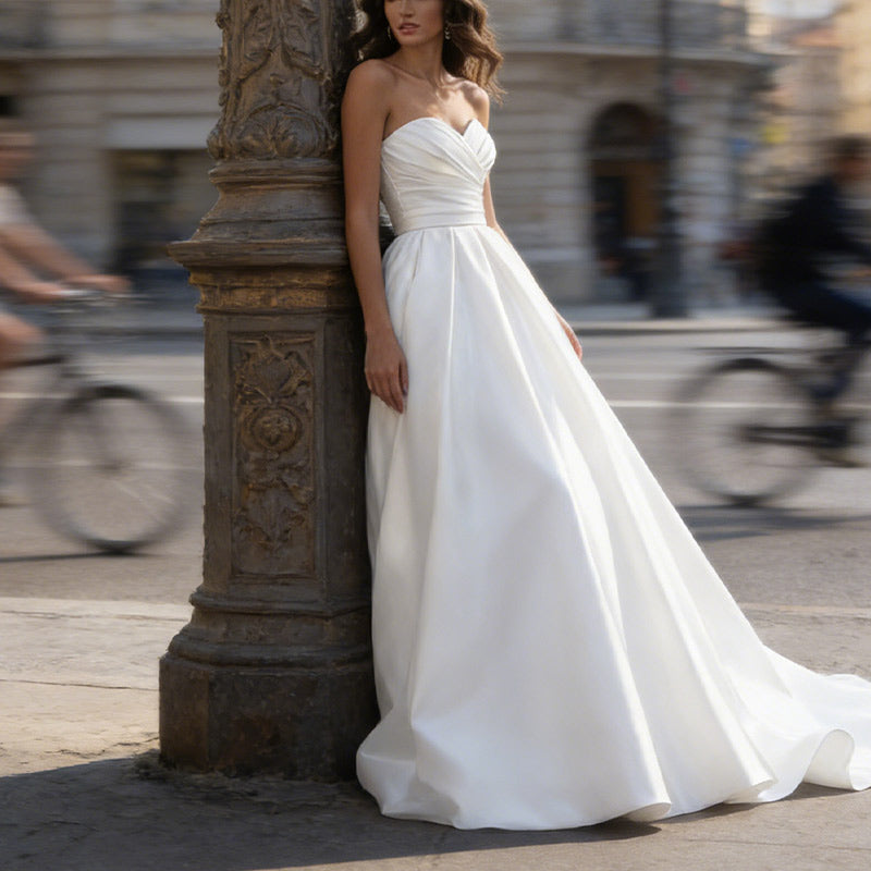 BHstyle Edel Satin Ball-Gown A-Linie Drapierung Herz-Ausschnitt Minimalistisch Modern Hochzeit Weiß 32-44