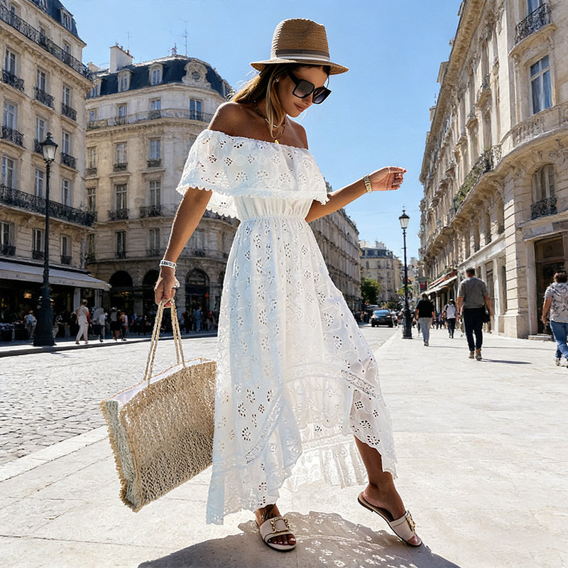 BHstyle Boho Ball-Gown Lochstickerei Off-Shoulder Weiß Sommer Strand Hochzeit Maxi Baumwolle Edel 34-40