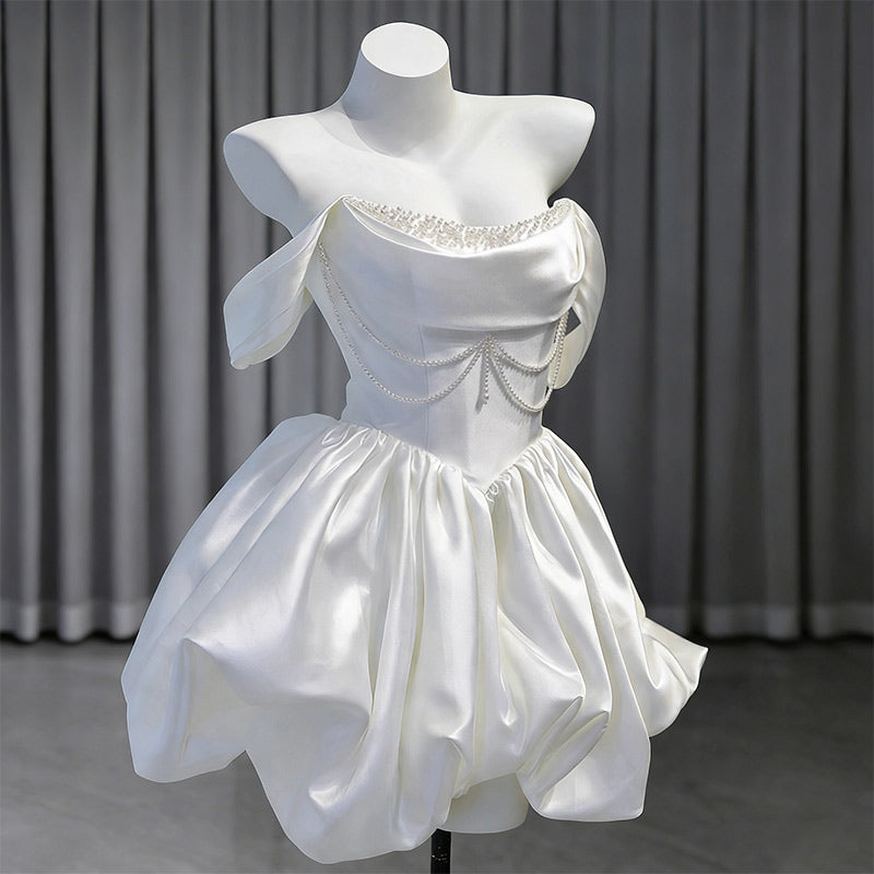 BHstyle Modern Ball-Gown Kurz Satin Trägerlos A-Linie Edel Anlassmode Party Weiß Creme 32-44