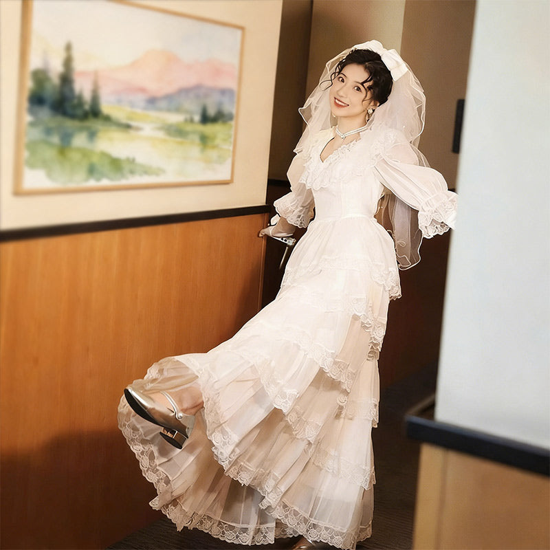 BHstyle Retro Ball-Gown Spitze Stufenrock Langarm Edel Boho Romantisch Weiß Creme Hochzeit Kleid 32-44
