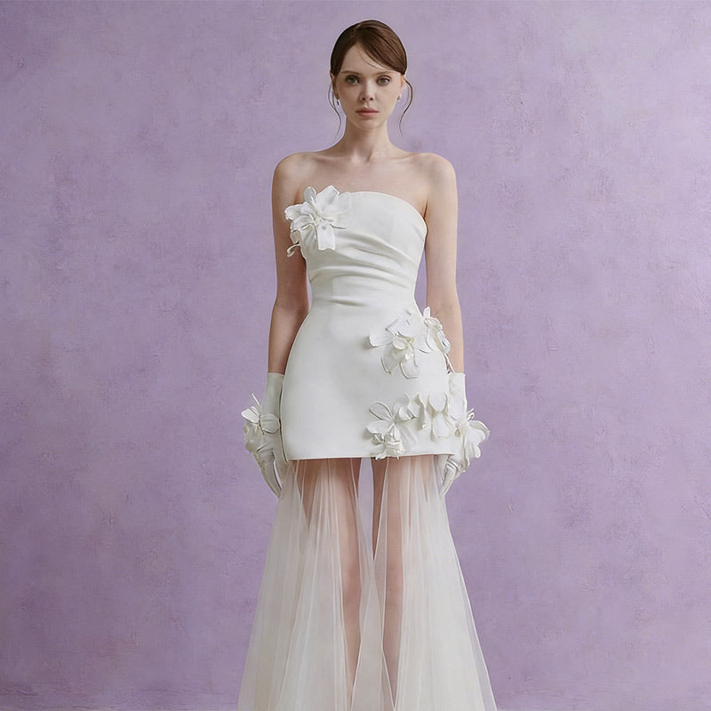 BHstyle Modern Ball-Gown 3D-Blumen Transparent Kurz-Lang Mix Avantgarde Sexy Party Hochzeit Weiß 32-44