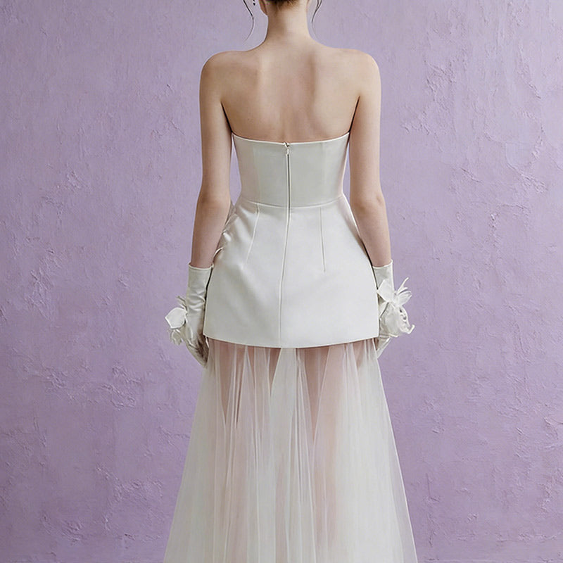 BHstyle Modern Ball-Gown 3D-Blumen Transparent Kurz-Lang Mix Avantgarde Sexy Party Hochzeit Weiß 32-44