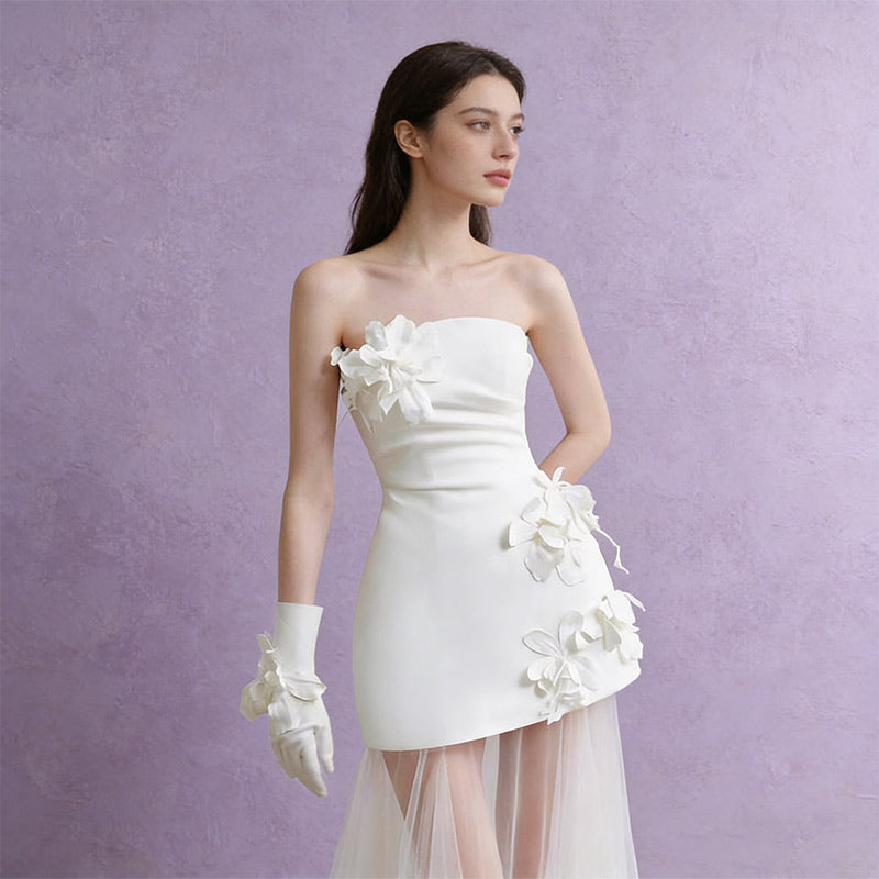 BHstyle Modern Ball-Gown 3D-Blumen Transparent Kurz-Lang Mix Avantgarde Sexy Party Hochzeit Weiß 32-44