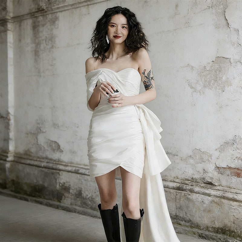 BHstyle Modern Ball-Gown Kurz Satin Asymmetrisch Schleppe Edel Anlassmode Party Sexy Weiß Creme 32-44