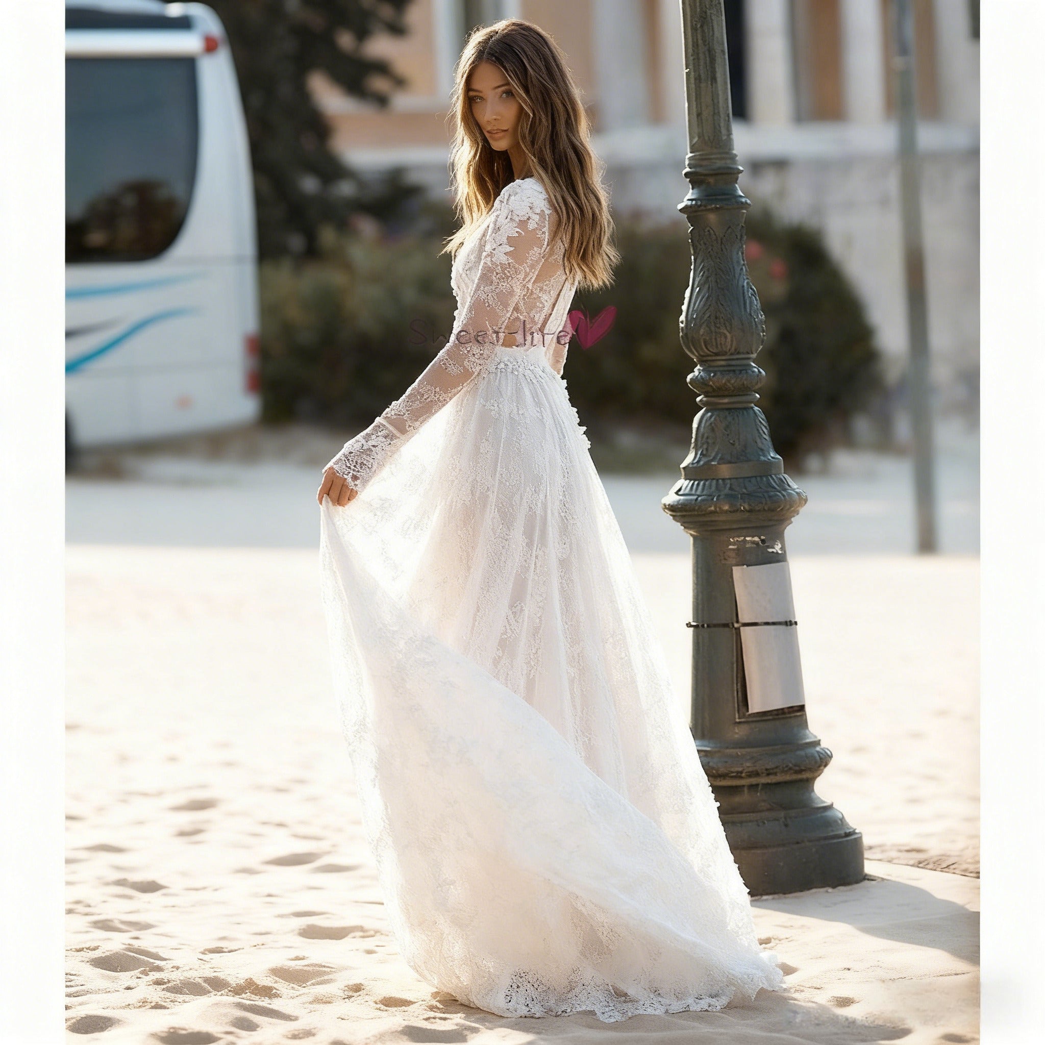 BHstyle Boho A-Linie Ball-Gown mit Spitze Halterneck Ballkleid mit Beinschlitz tiefem V-Ausschnitt für Strandhochzeit