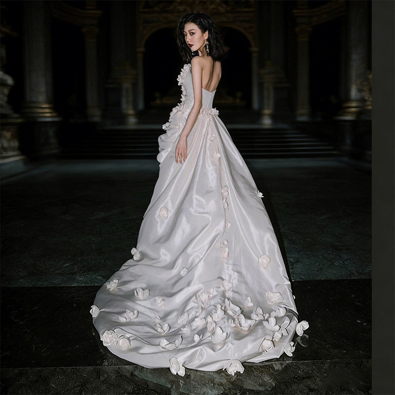 BHstyle Modern Ball-Gown 3D-Blüten Asymmetrisch Satin Edel Extravagant Anlassmode Party Weiß 32-44