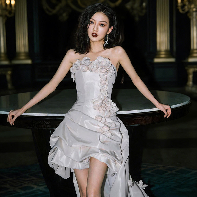 BHstyle Modern Ball-Gown 3D-Blüten Asymmetrisch Satin Edel Extravagant Anlassmode Party Weiß 32-44