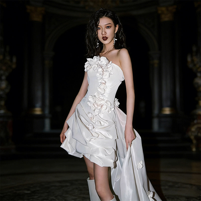 BHstyle Modern Ball-Gown 3D-Blüten Asymmetrisch Satin Edel Extravagant Anlassmode Party Weiß 32-44
