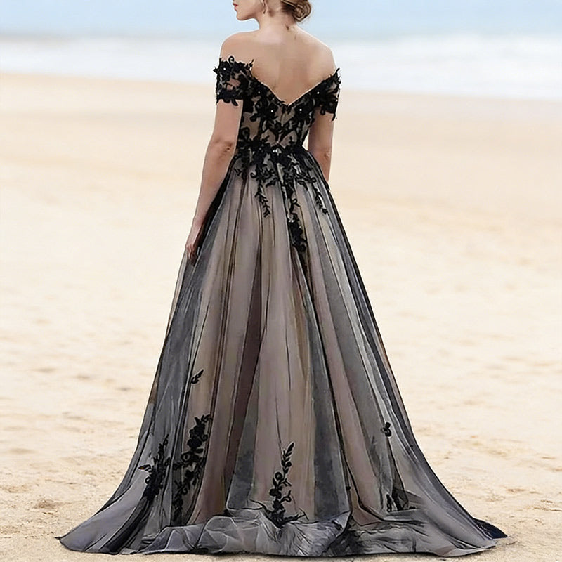 BHstyle Luxus Gothic Ball-Gown Schwarz Spitze Off-Shoulder A-Linie Edel Abendkleid Elegant Party 2-24W