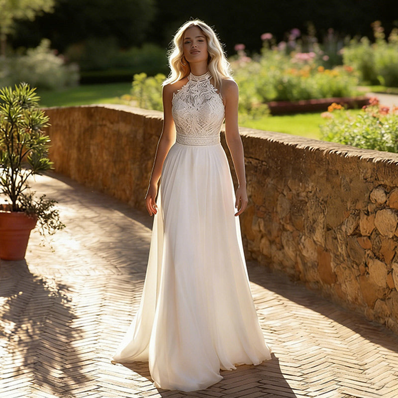 BHstyle Boho Ball-Gown Neckholder Spitze A-Linie Edel Chiffon Anlassmode Outdoor Weiß Creme 2-24W