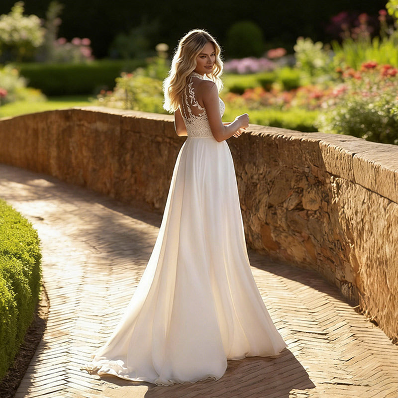 BHstyle Boho Ball-Gown Neckholder Spitze A-Linie Edel Chiffon Anlassmode Outdoor Weiß Creme 2-24W