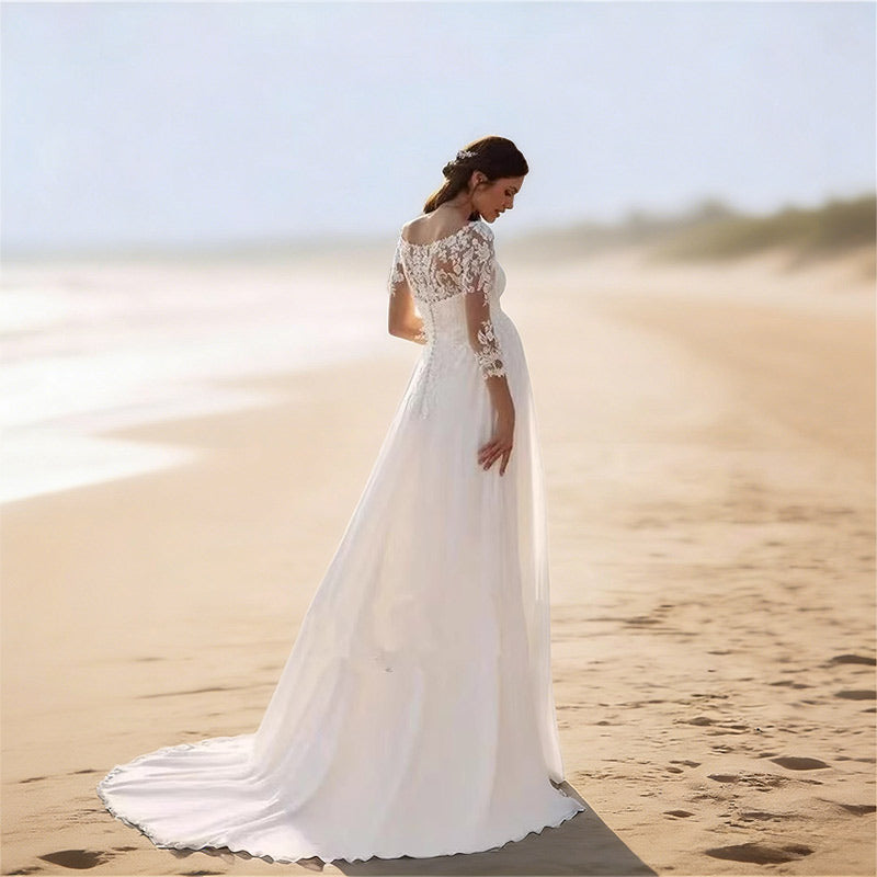 BHstyle Modern Ball-Gown 3D-Blüten Satin Tüll-Einsatz Transparent Edel Anlassmode Party Weiß Creme 2-24W