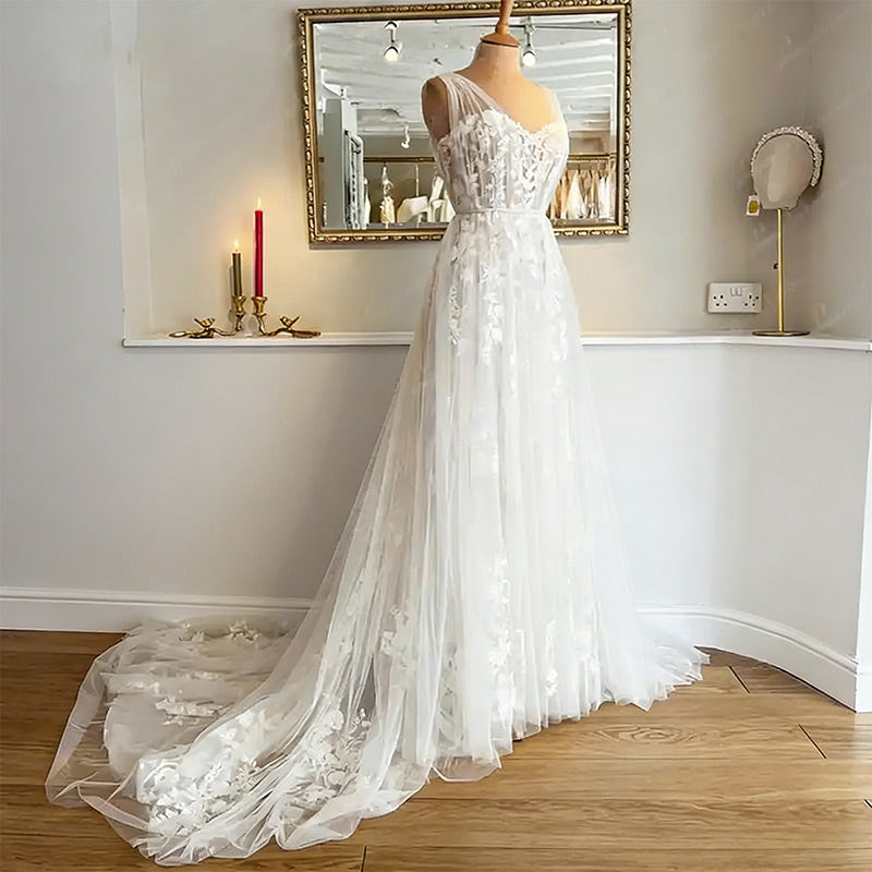 BHstyle Modern Ball-Gown A-Linie Spitze Grau-Rosa Edel Anlassmode Strand Floral Boho Vintage Weiß 2-24W