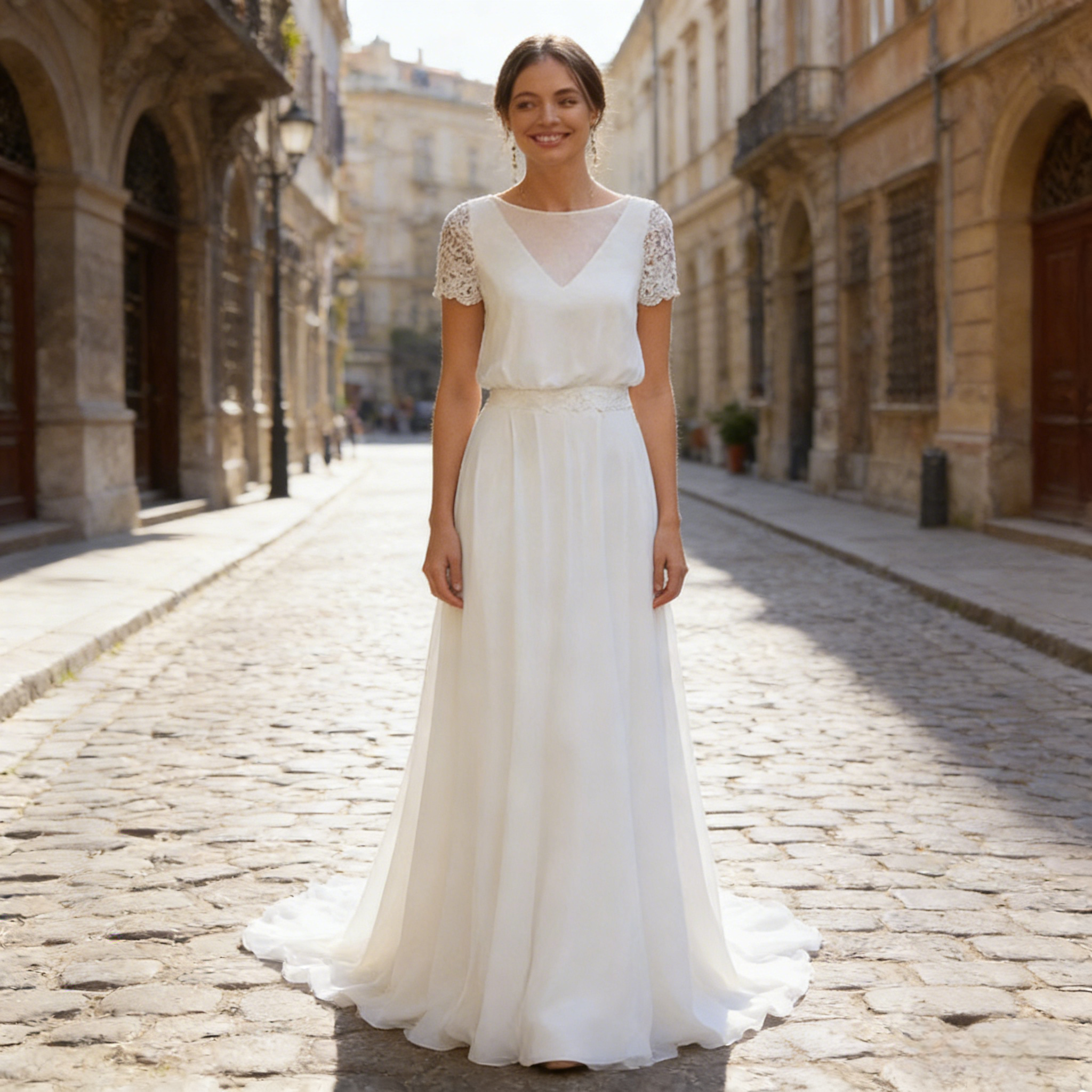 BHstyle Ball-Gown Weiß Spitze Chiffon A-Linie Edel Retro Anlassmode Strand Hochzeit Sexy Modern 2-24W