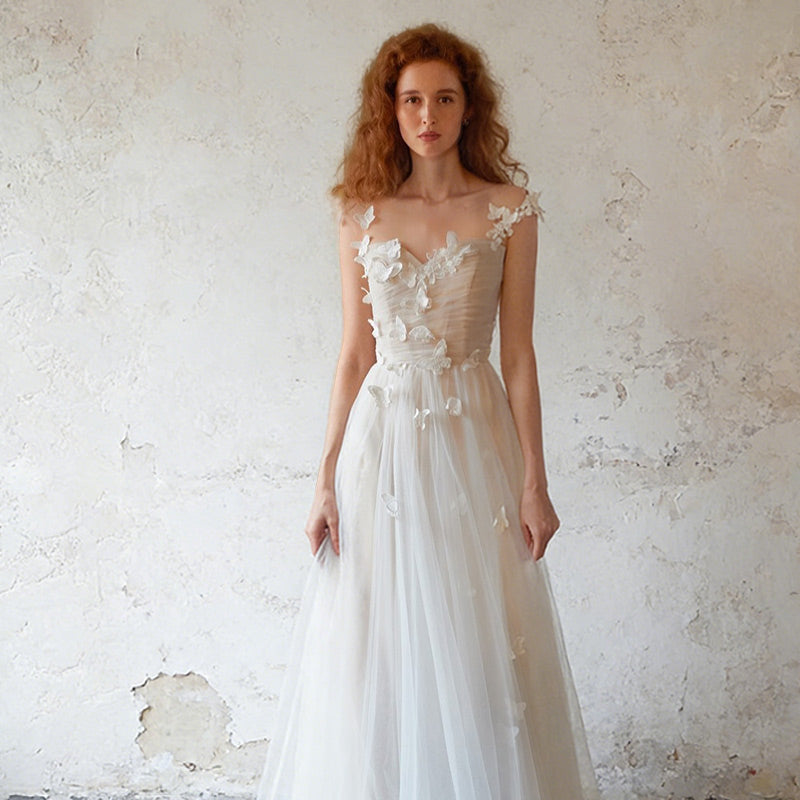 BHstyle A-Linie Ball-Gown in Elfenbein mit Schmetterlingen Boho-Ballkleid aus Tüll mit Illusions-Ausschnitt 2-26w