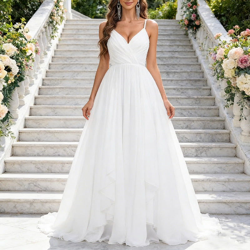 BHstyle A-Linie Ball-Gown in Weiß mit V-Ausschnitt Ballkleid aus Chiffon mit kaskadierendem Stufenrock 2-26W