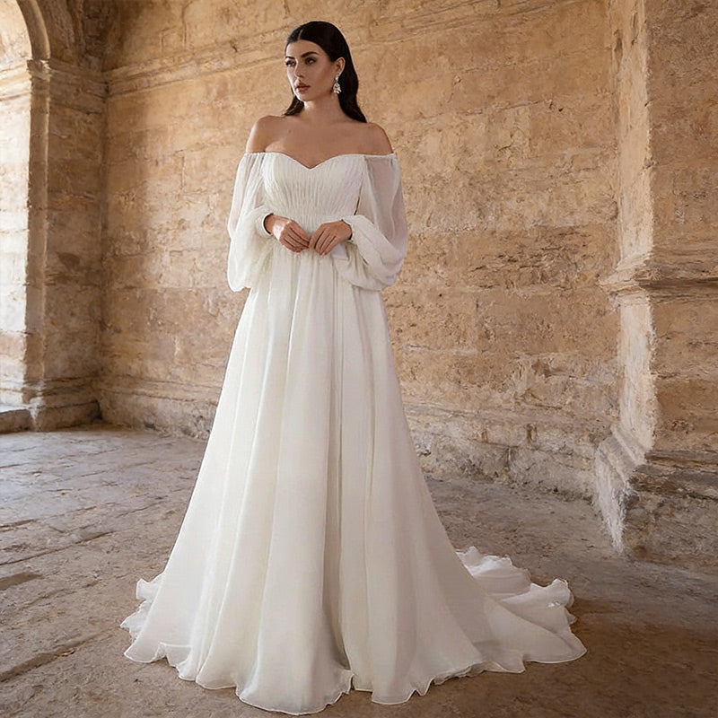 BHstyle A-Linie Ball-Gown Weiß – Schulterfreies Ballkleid mit Laternenärmeln und Chiffon-Rock 34-46