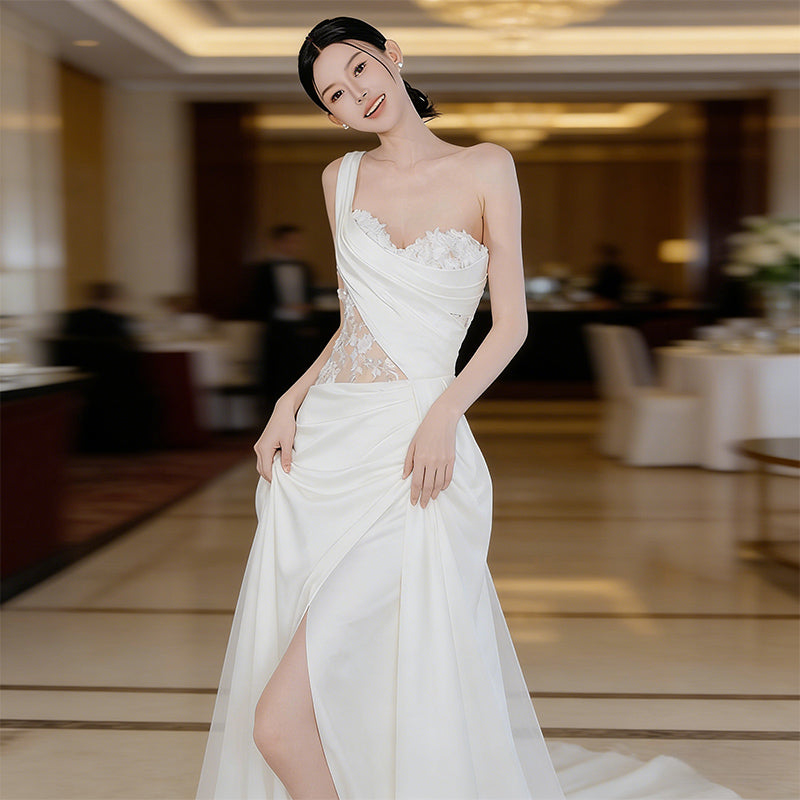 BHstyle Asymmetrisches Satin Ball-Gown mit One Shoulder Design und Transparentem Spitzen Korsett Beinschlitz XS-3XL