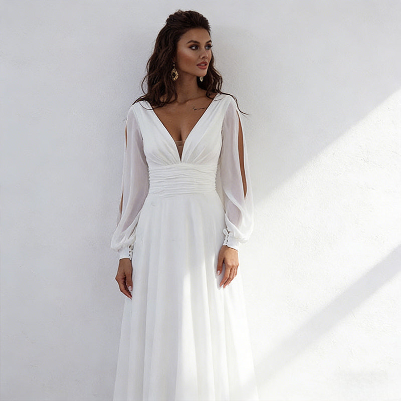 BHstyle Ball-Gown mit Bischofärmeln – A-Linien Ballkleid mit V-Ausschnitt für Wald Gartenhochzeiten 32-42