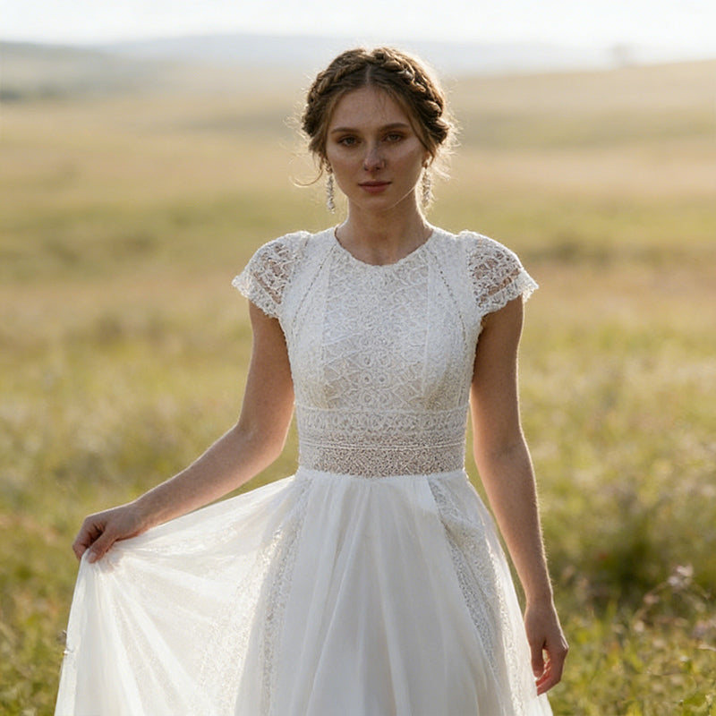 BHstyle Boho Ball-Gown mit Spitzenoberteil und Flügelärmeln Romantisches A-Linie Ballkleid 2-26W