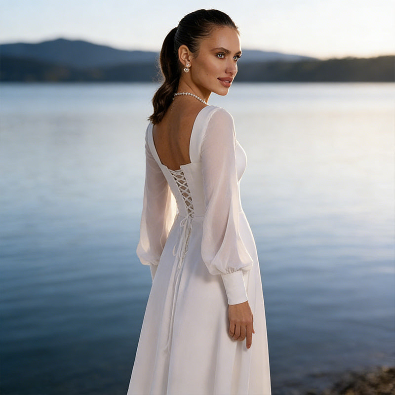 BHstyle Ball-Gown A Linie Weiß Langarm Quadratischer Ausschnitt Ballkleid Chiffon Bodenlang Modern Boho 32-56
