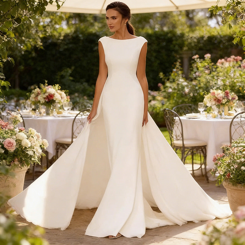 BHstyle Ball-Gown im Meerjungfrau-Stil mit abnehmbarer Schleppe – Minimalistisches A-Linie Ballkleid mit U-Boot 2-26W