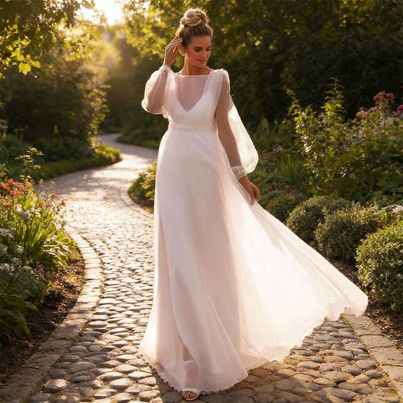 BHstyle Ball-Gown in A-Linie mit Illusions-Ausschnitt – Bodenlanges Ballkleid mit Tüllärmeln und Fall 32-42