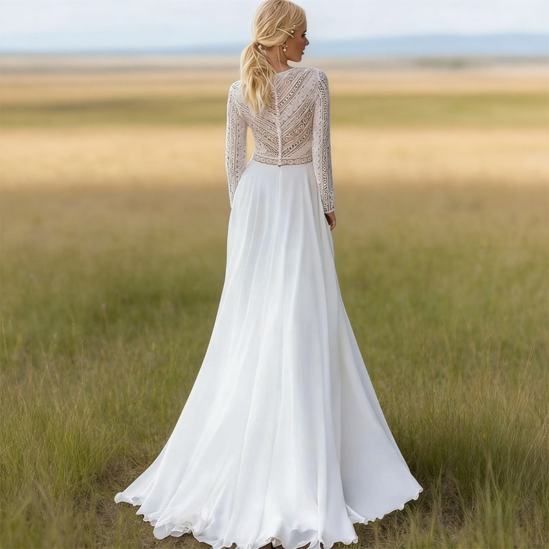BHstyle Boho-Ball-Gown mit V-Ausschnitt und Spitzenärmeln A-Linien Ballkleid mit geometrischer Spitze 2-26W