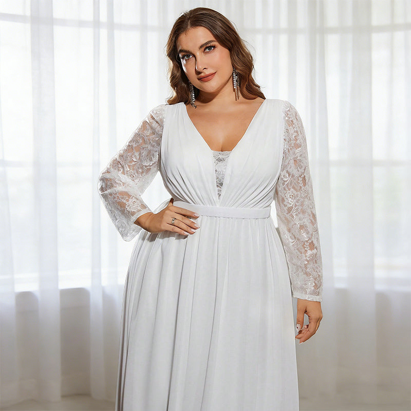 BHstyle Ball-Gown in Übergröße mit V-Ausschnitt und Spitzenärmeln – A-Linien Ballkleid mit Raffungen L-4XL