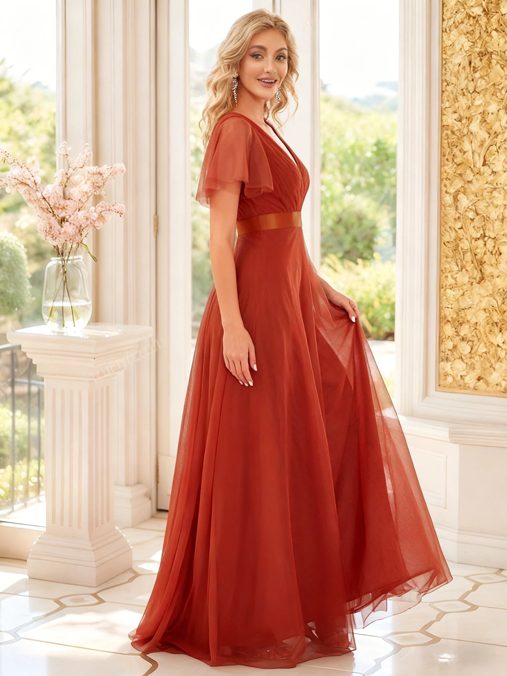 BHstyle Elegantes Abendkleid mit V-Ausschnitt und – Bodenlanges A-Linien Kleider in Rot mit Satin-Gürtel 36-44