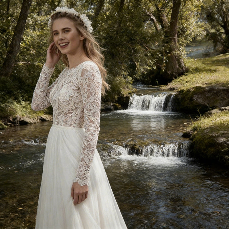 BHstyle Elegantes Boho Ball-Gown Langarm Spitze Chiffon Weiss 34-46