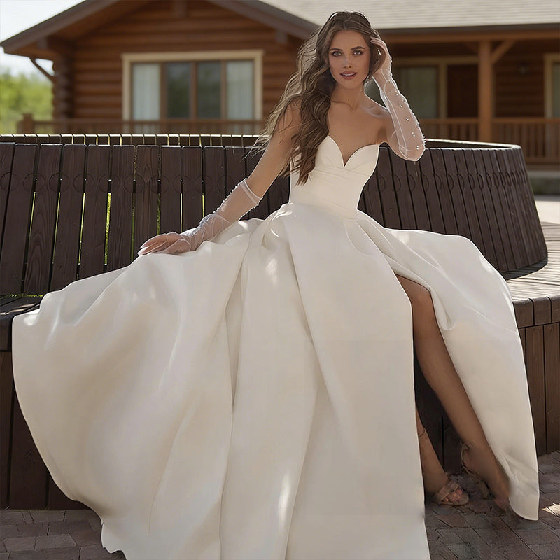 BHstyle Ball-Gowner Prinzessin aus Satin A Linie mit Beinschlitz Herz Ausschnitt Modernes Ballkleid Elfenbein 32-56