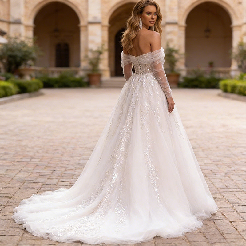 BHstyle Off-Shoulder Ball-Gowner Prinzessin mit Pailletten und Beinschlitz Tüll Ballkleid A-Linie Elfenbein 2-26W